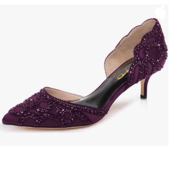 XYD Dark Purple Pointed Toe D'Orsay Kitten Heel Rhinestone Studs Slip-On Pump - Picture 1 of 8